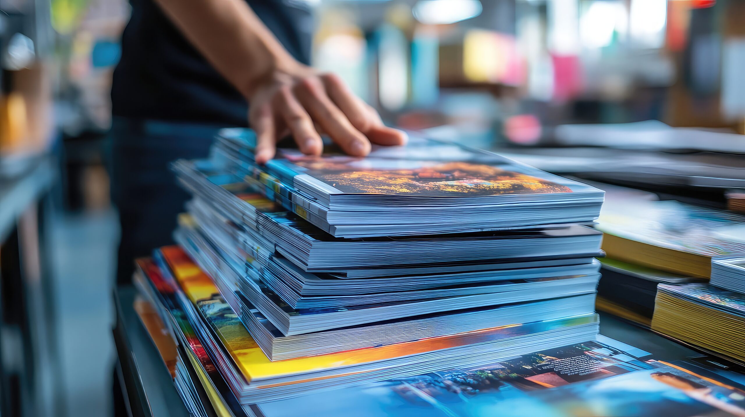 Hand auf einem Stapel druckfrischer Zeitschriften