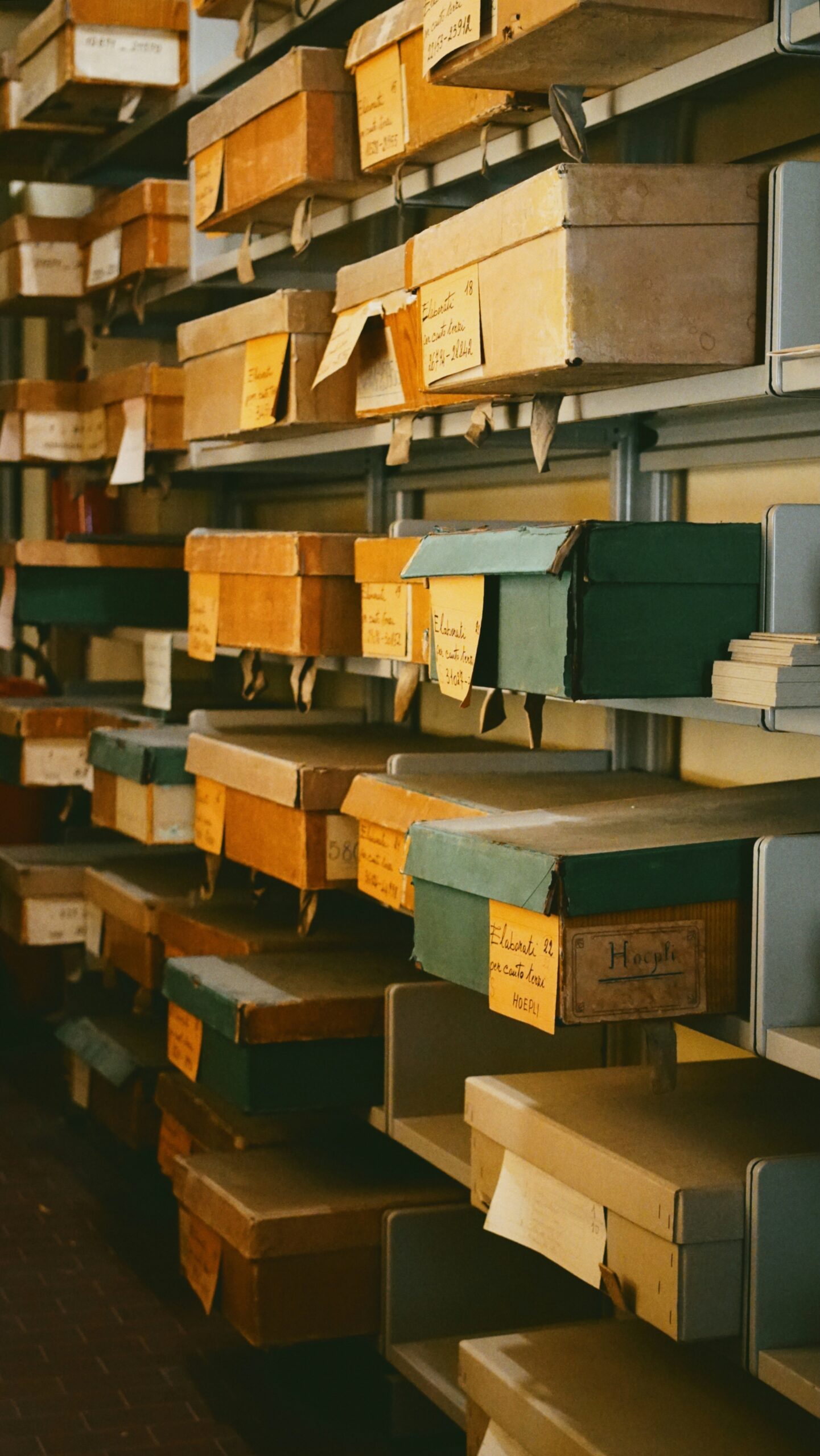 Archivregal mit gelabelten Kartons, die vermutlich Archivmaterial beinhalten